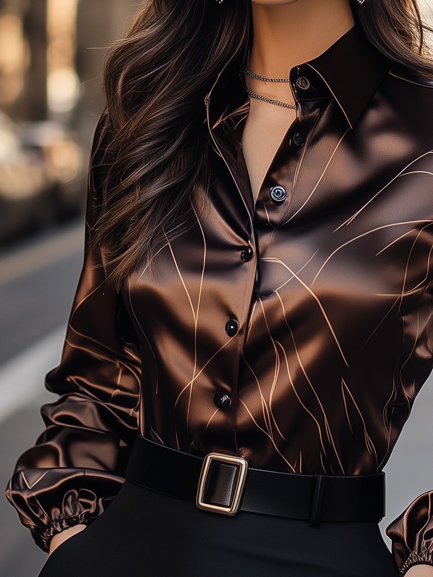 Brown Abstract Line Print Satin Blouse