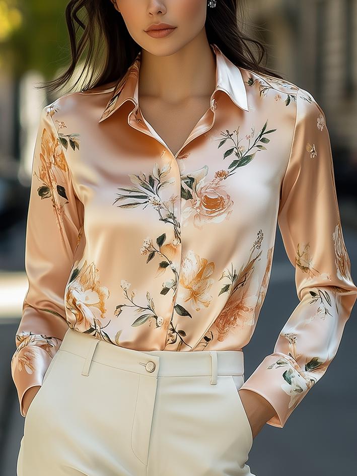 Champagne Elegant Floral Print Satin Blouse