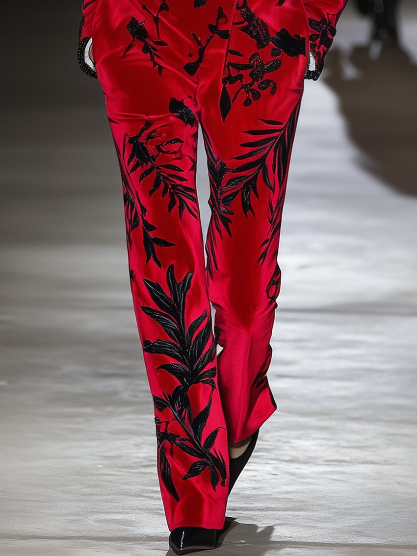 Red Velvet Jumpsuit With Black Plant Print And Black Collar