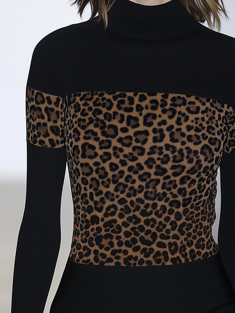 Black Hemi-neck Skinny T-shirt In Patterned Leopard Print