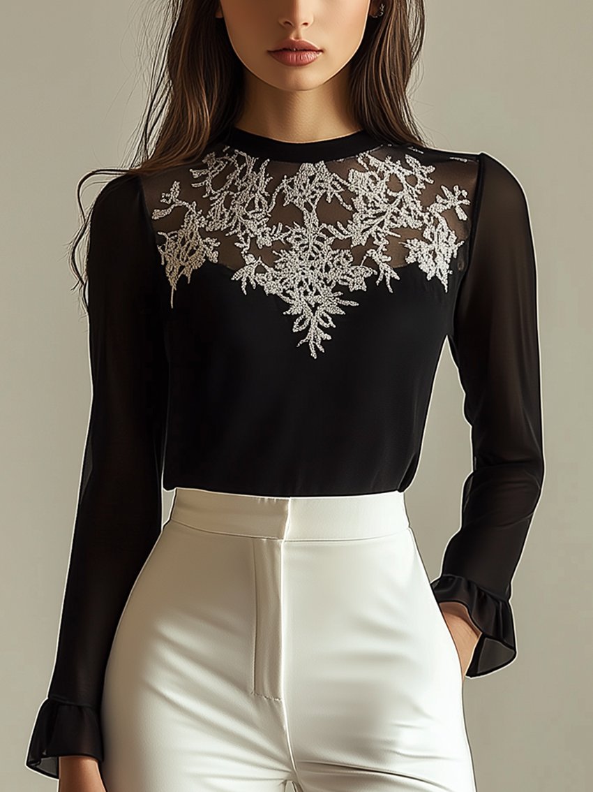 Black Shirt With White Lace Pattern Embroidery With Stitching Mesh Neckline