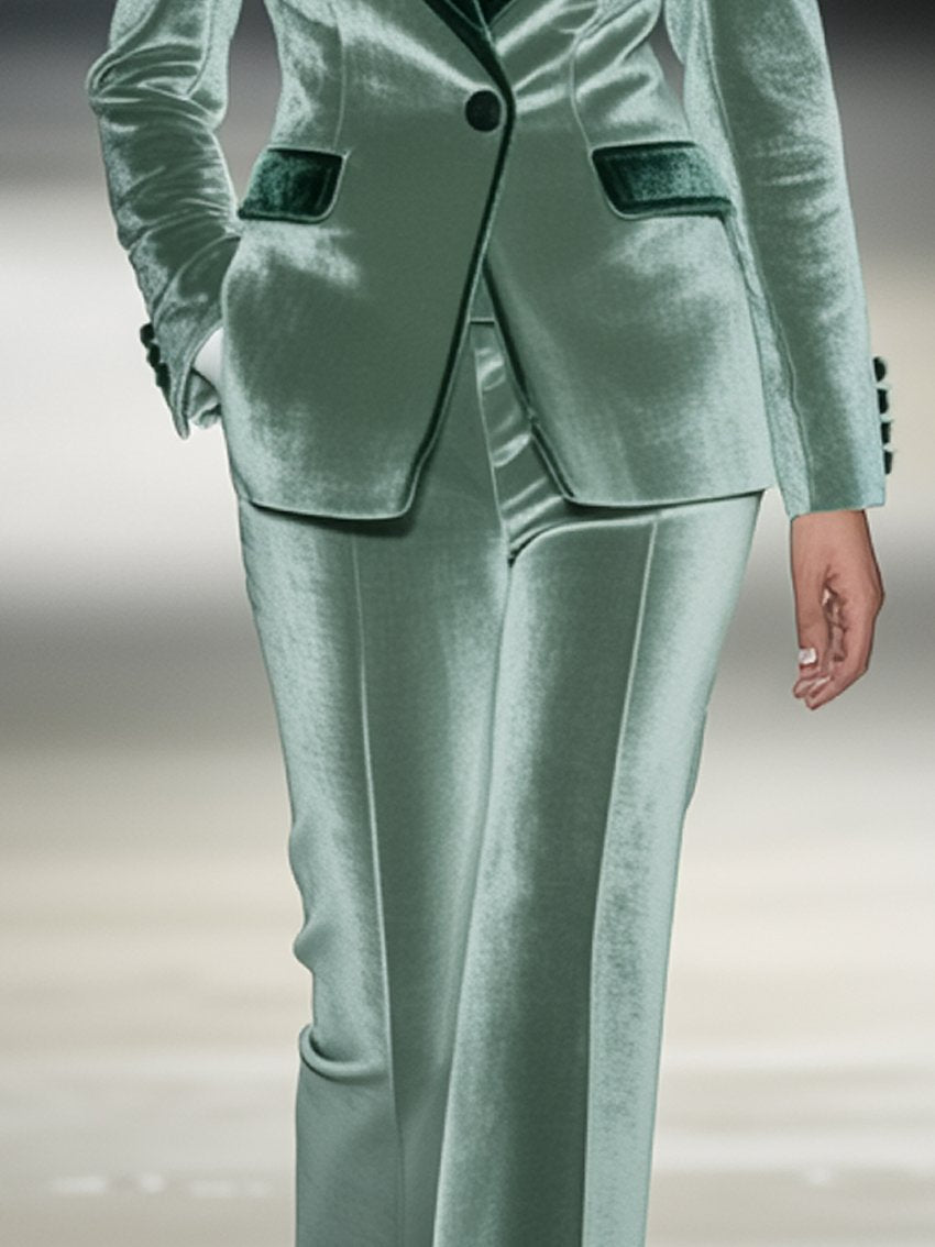 Mint Green Velvet Pants With Dark Green Collar