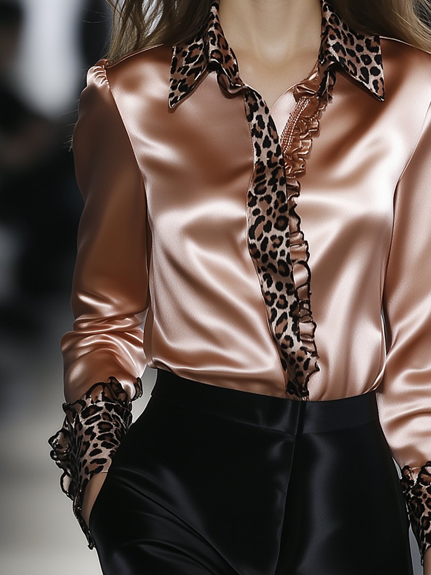 Dark Pink Leopard-Embellished Vintage Satin Blouse