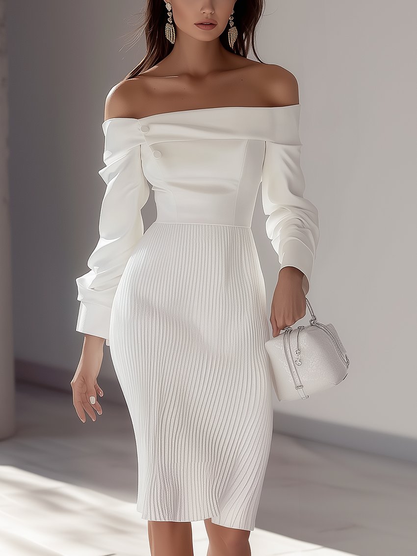 Off-Shoulder Elegant White Up And Down Stitching Midi Dress