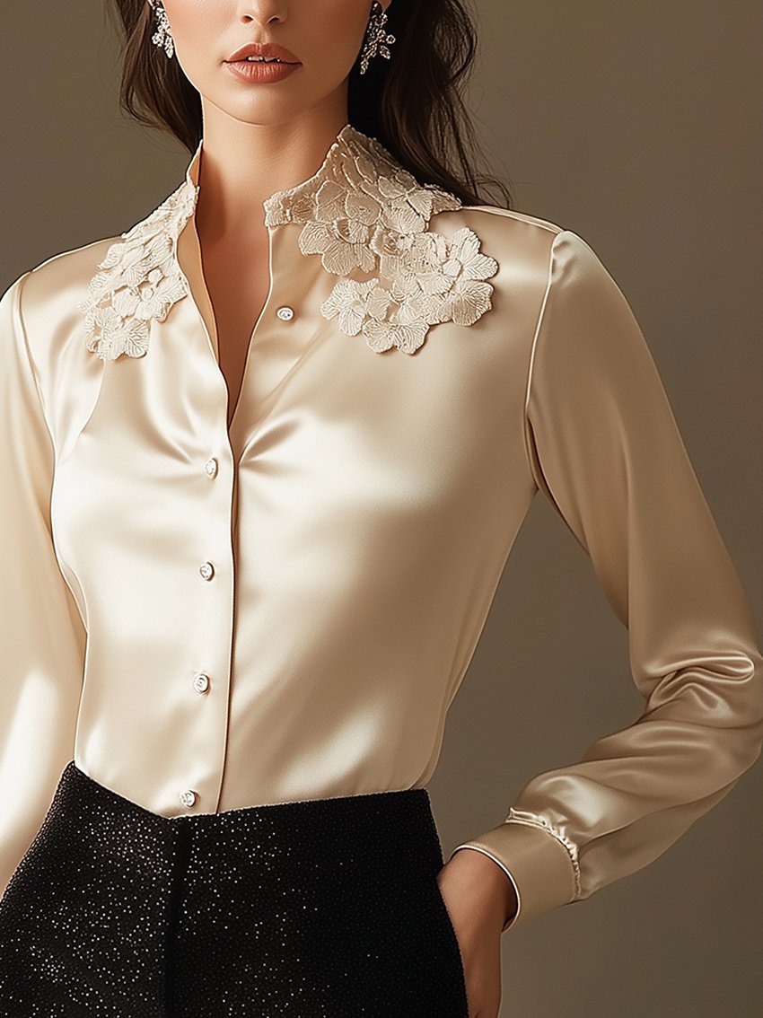 Beige Satin Blouse With Flower Embroidery At The Neckline