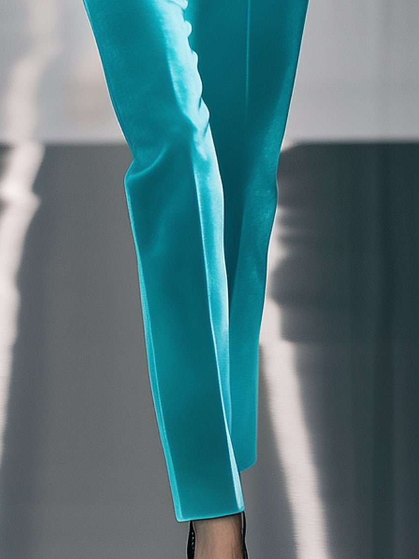 Bright Cyan Velvet Pants With Black Collar