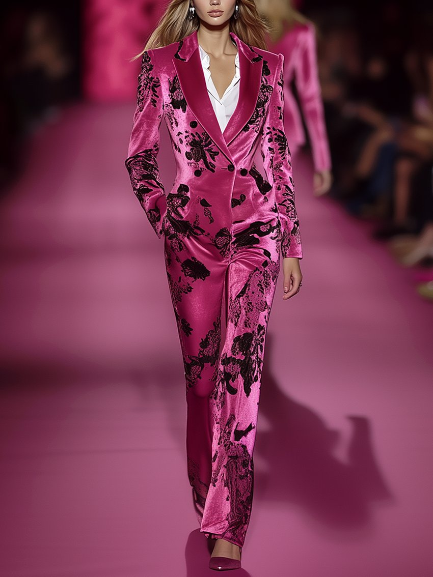 Bright Pink Velvet Jumpsuit With Black Print