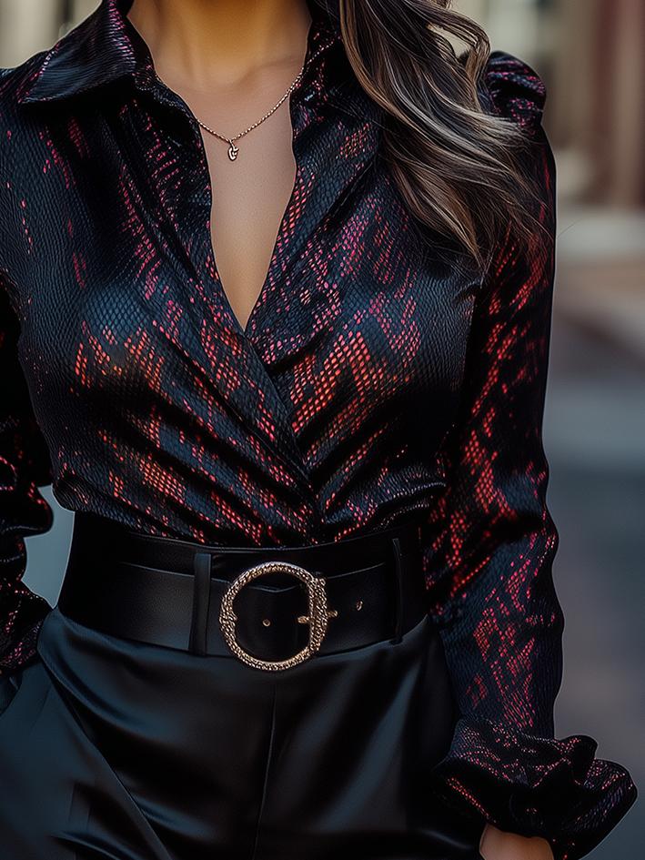 Black And Red Snakeskin Print Satin Blouse