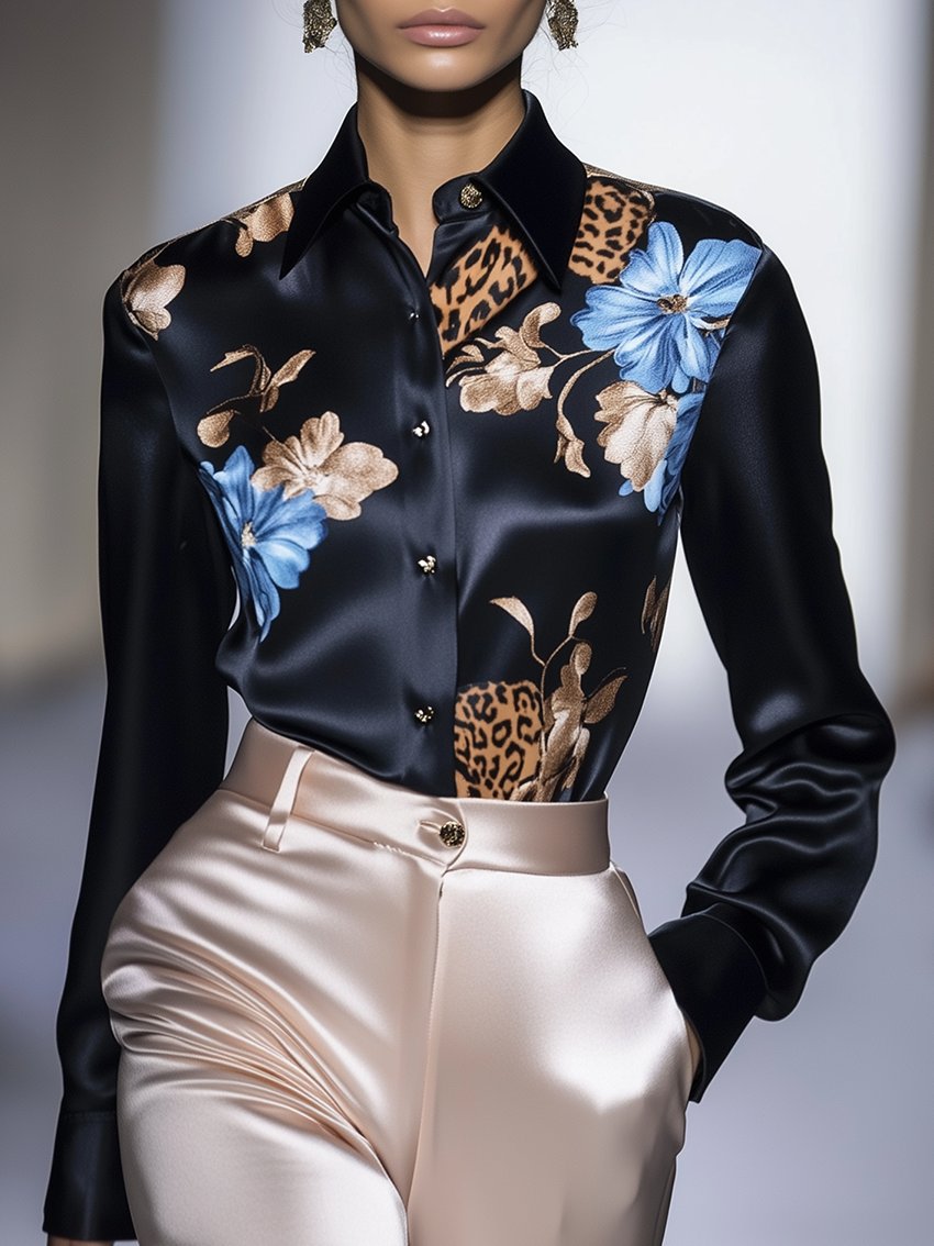 Black Satin Blouse With Sky Blue Flowers And Leopard Print