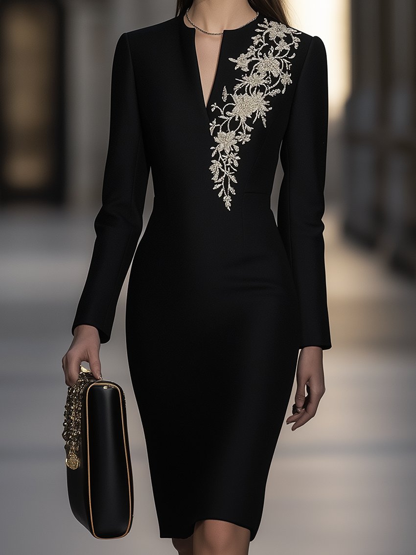 Black Midi Dress With Gold Flower Embroidery With V-neck