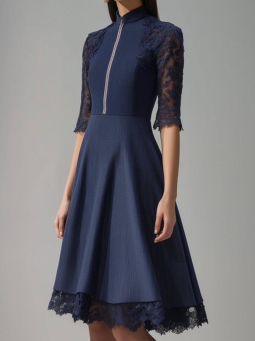 Demin Midi Dress With Lace Stitching