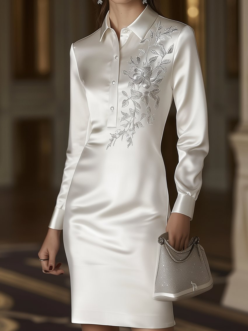 White Satin Midi Shirt Dress With Silver Leaf Embroidery