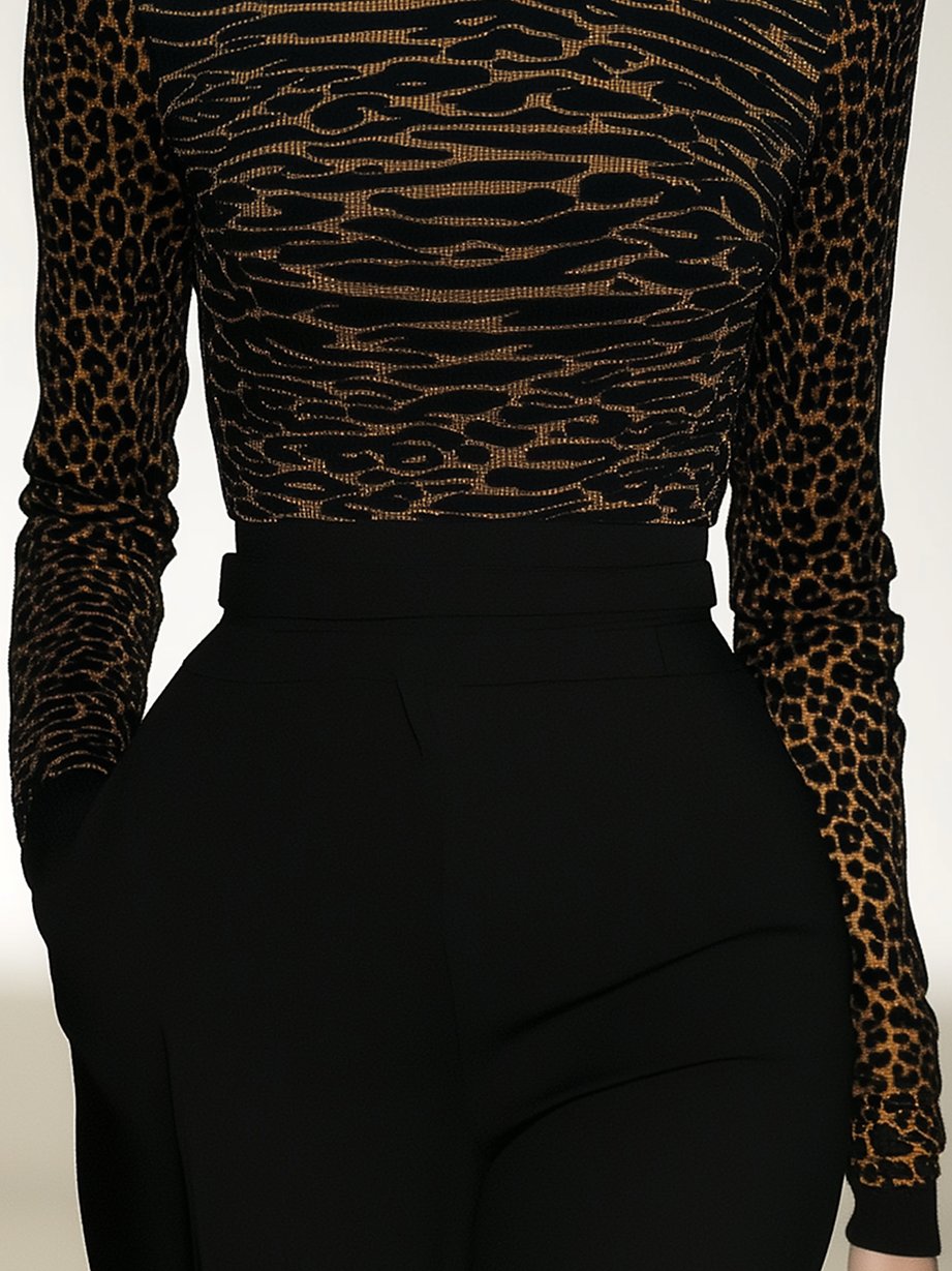 Leopard Line Leopard Print Black High Neck Skinny T-shirt