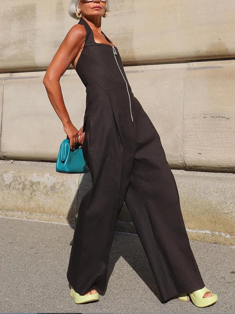 Sleeveless Wide Leg Zipper Halter-Neck Jumpsuits