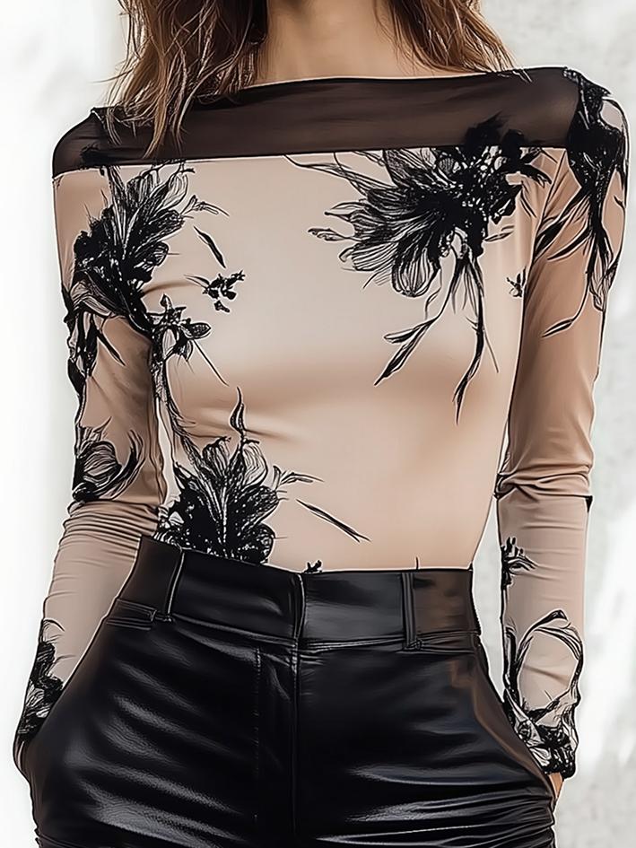 Beige Stretch T-shirt With Black Flowers And Neckline