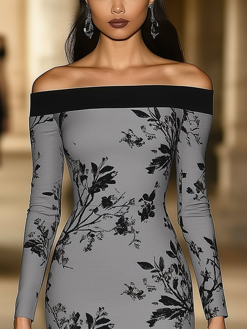 Off The Shoulder Gray Midi Bodycon Dress With Black Plant Print