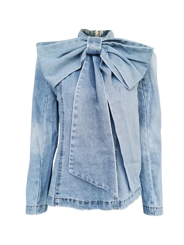 Zipper Bowknot Mock Neck Blouses