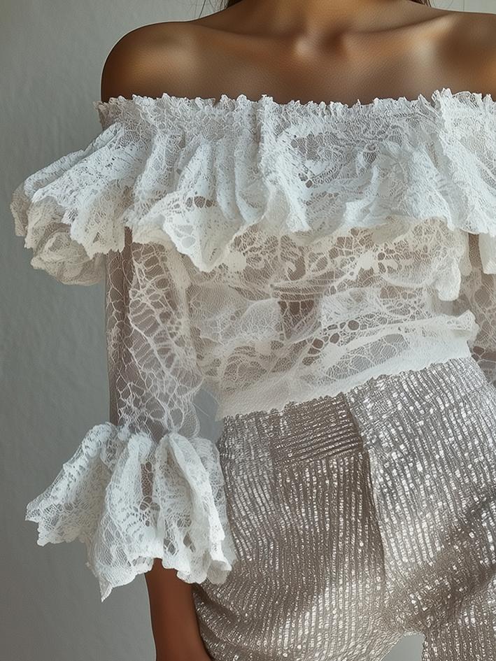 Off-Shoulder White Lace Shirt With Cuffs Ruffles