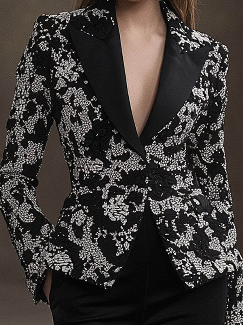 Black Blazer With White Lace Print