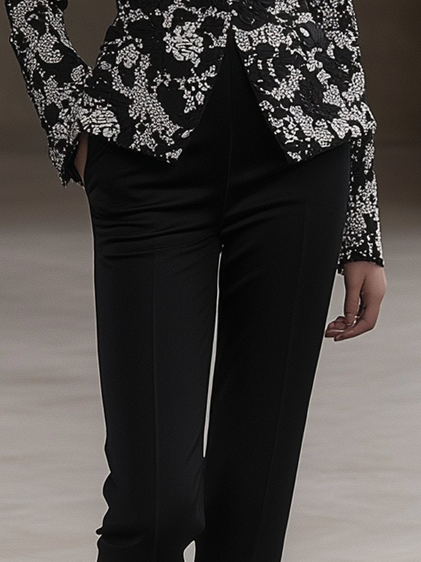 Black Pants With White Lace Print