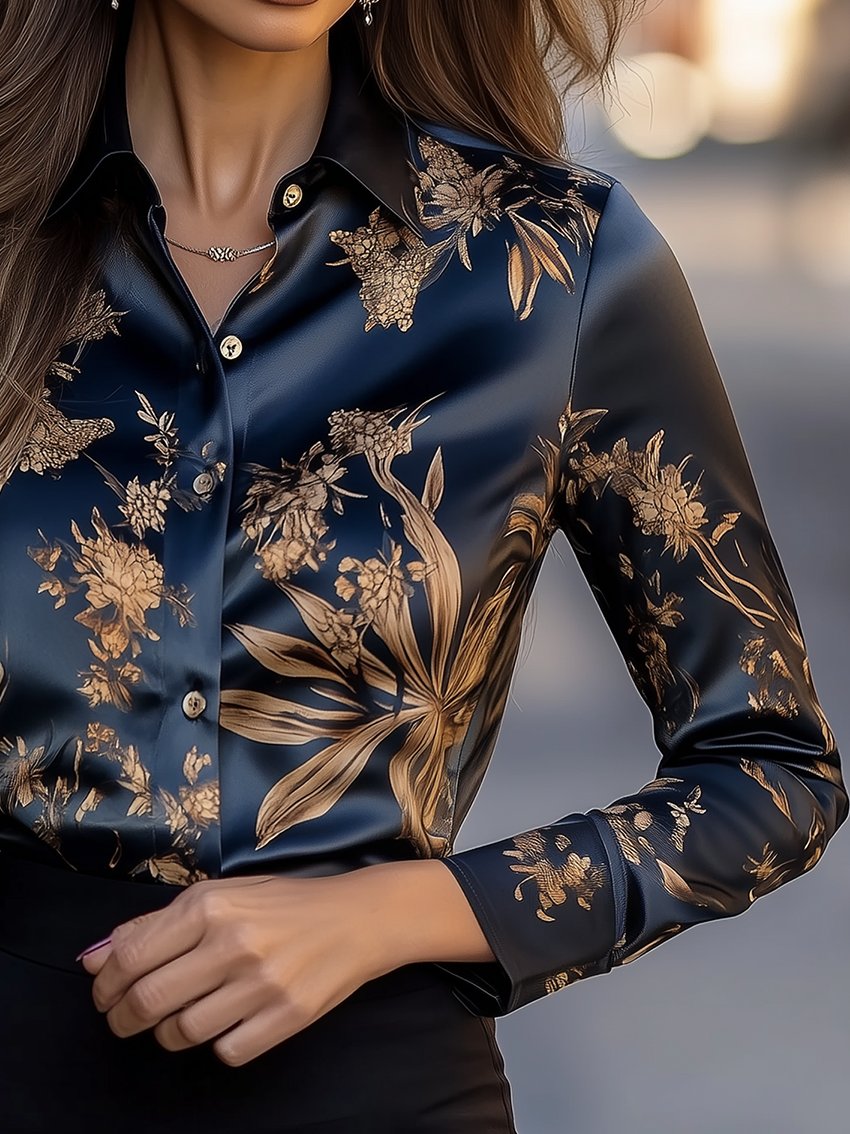 Dark Blue Satin Blouse With Gold Flower Print