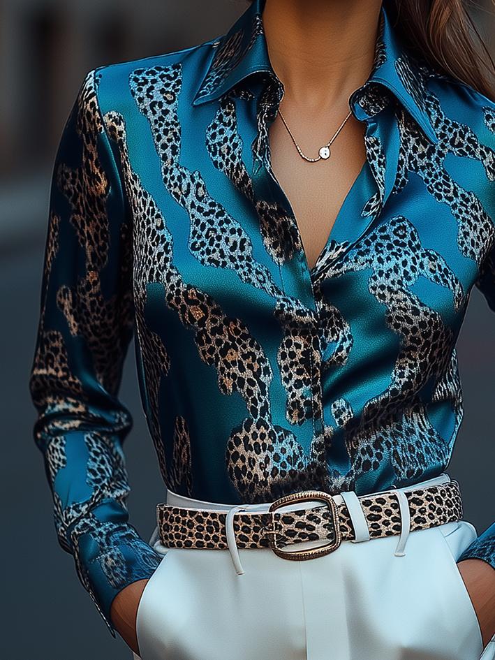 Teal-Green Abstract Leopard Print Satin Blouse