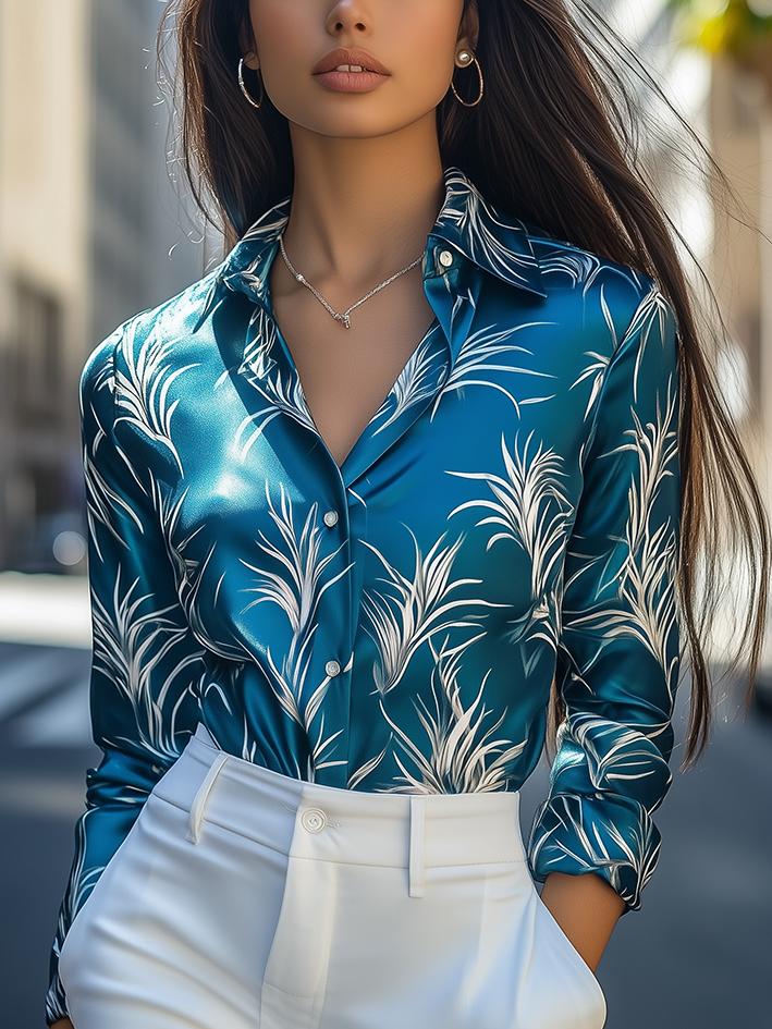 Peacock White Floral-Print Satin Blouse