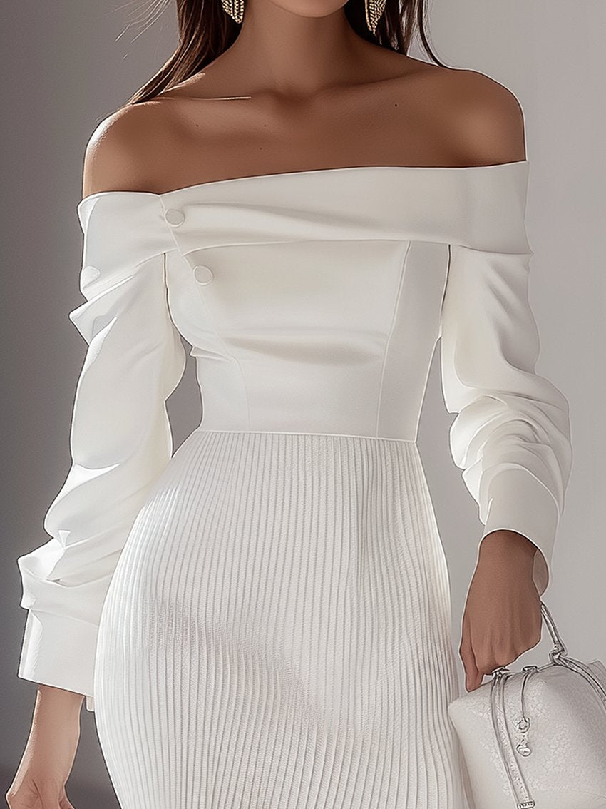 Off-Shoulder Elegant White Up And Down Stitching Midi Dress