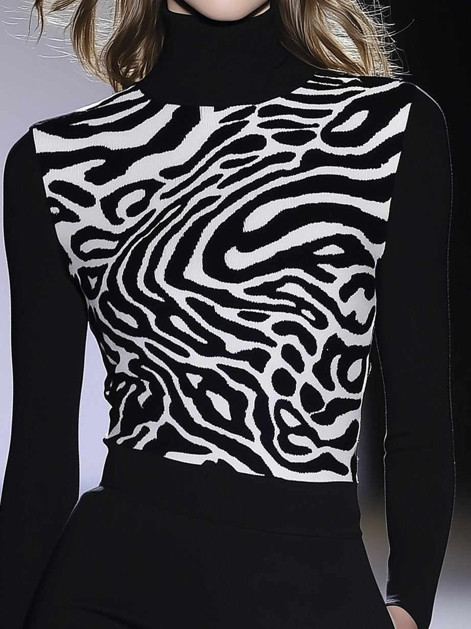 Black High Neck Skinny T-Shirt With White Abstract Lines