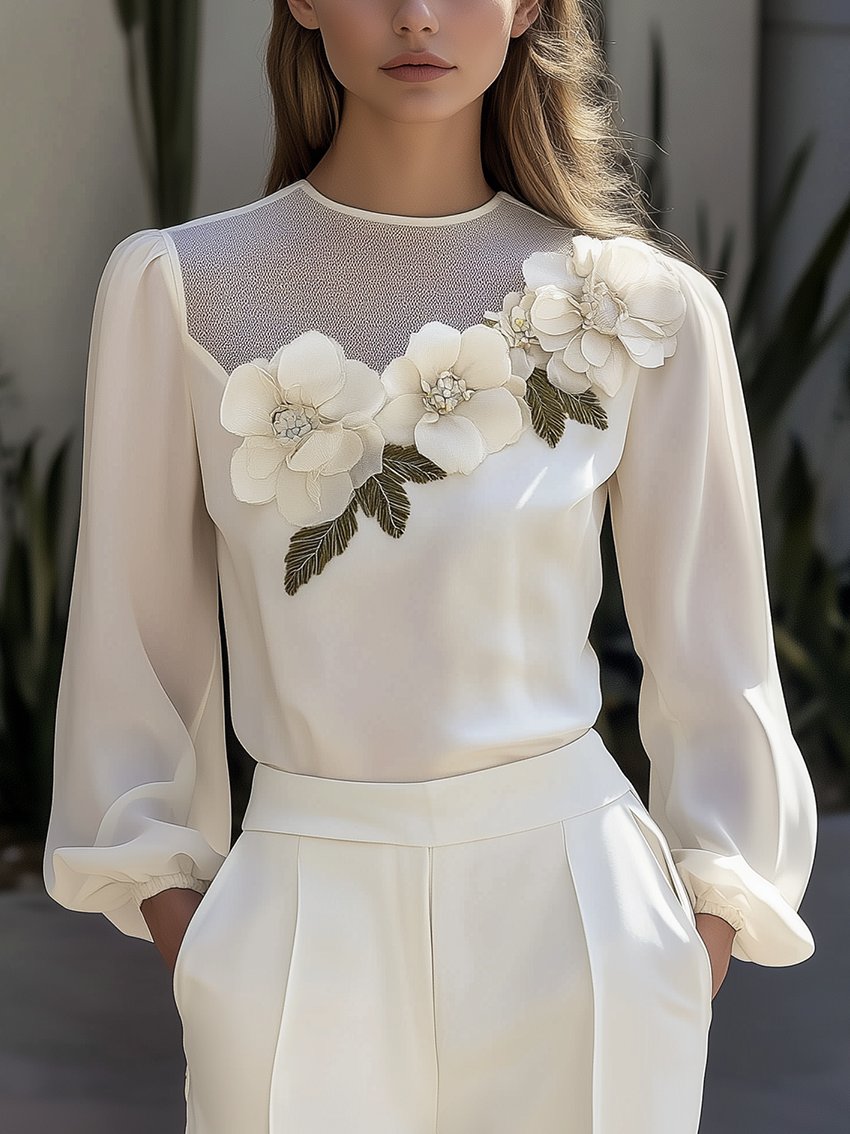 White Shirt With 3D Flowers And Gauze Neckline