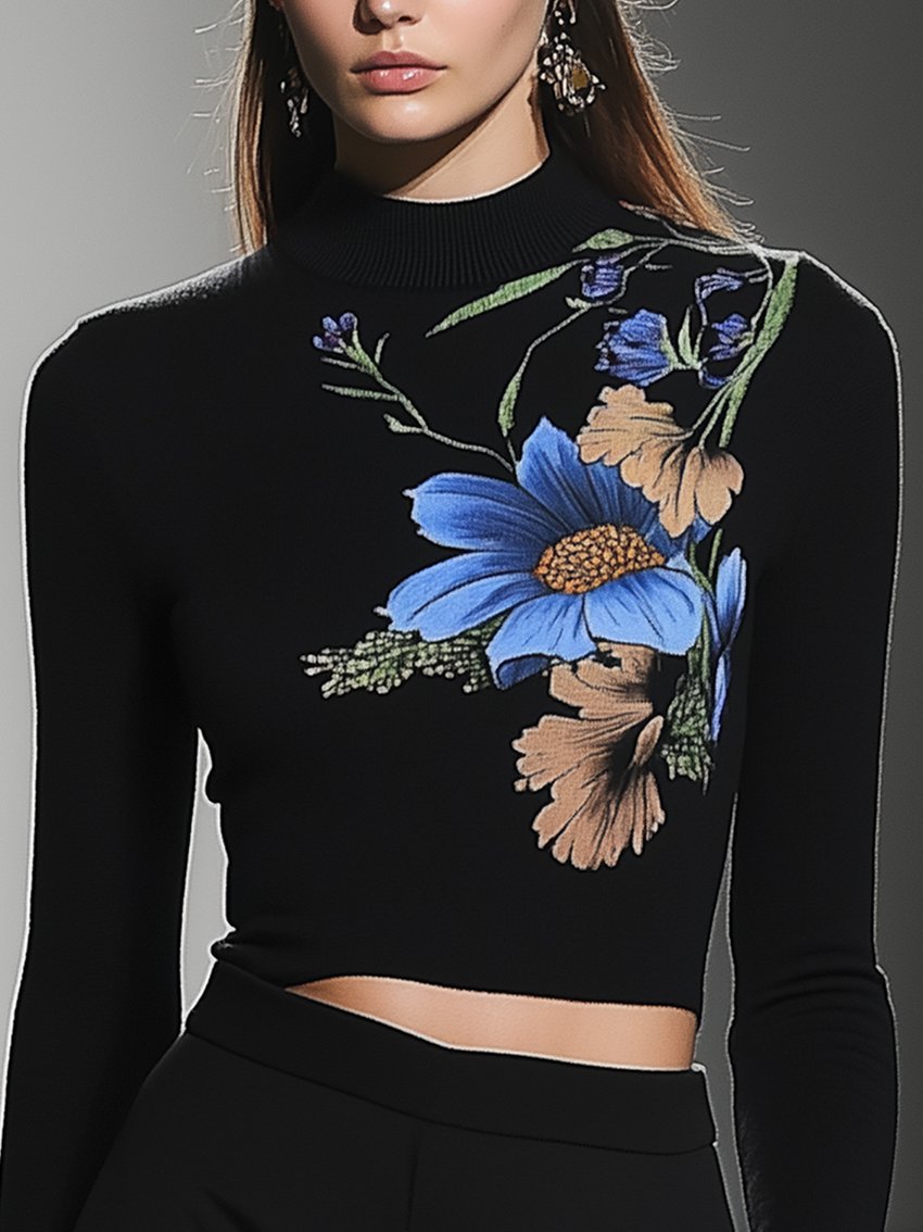 Black Stretch T-shirt With Blue Floral Plant Print