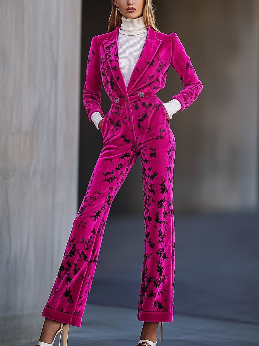 Barbie Pink Velvet Jumpsuit With Black Plant Print