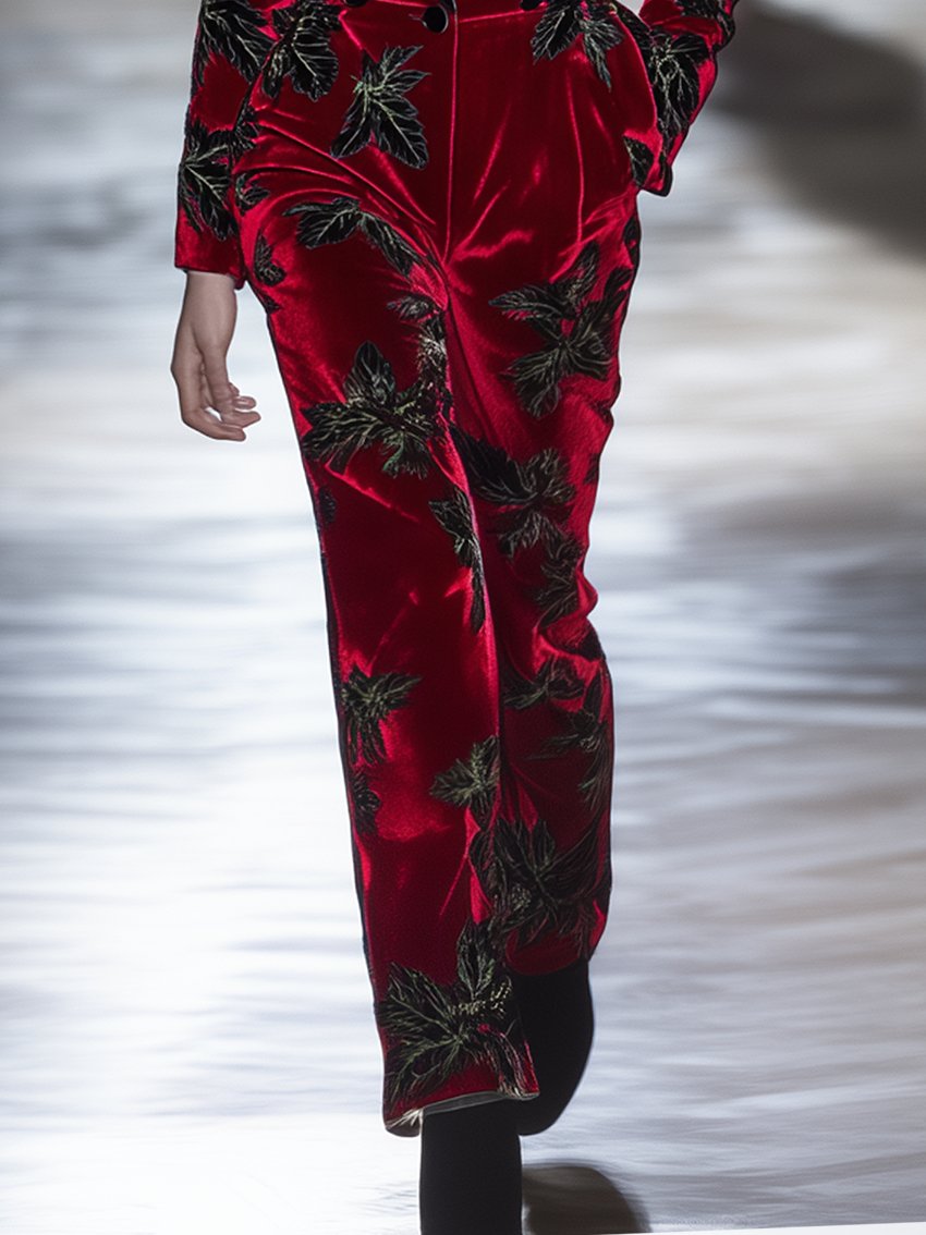 Red Velvet Jumpsuit With Plant Print