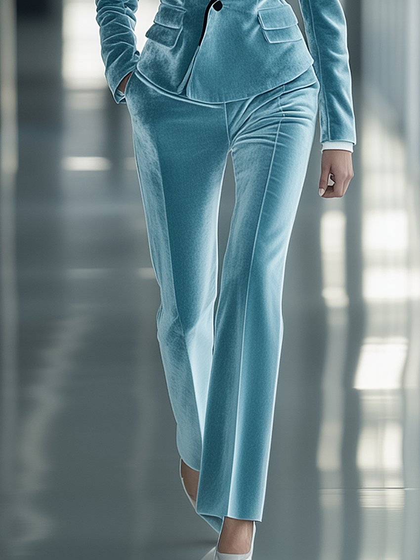 Cyan Velvet Suit With Black Collar