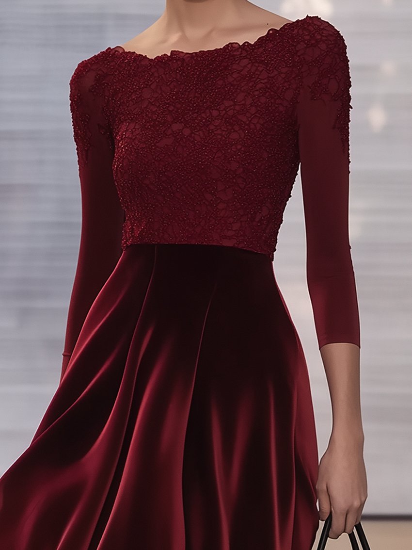 Burgundy Velvet Midi Dress With Lace Stitching