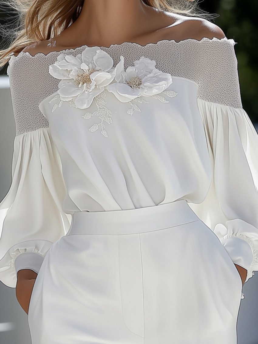 White Chiffon Shirt With Off-the-shoulder Mesh Neckline With 3D Flowers