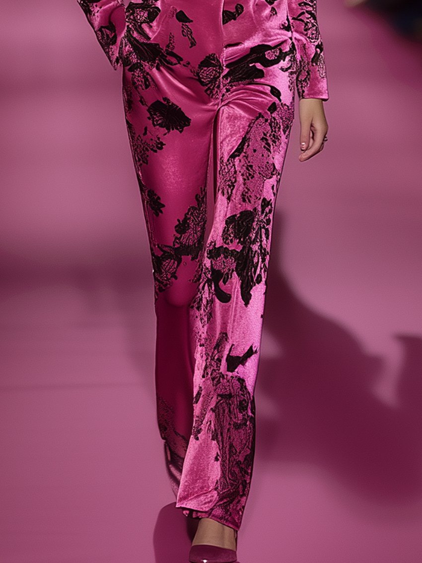 Bright Pink Velvet Jumpsuit With Black Print