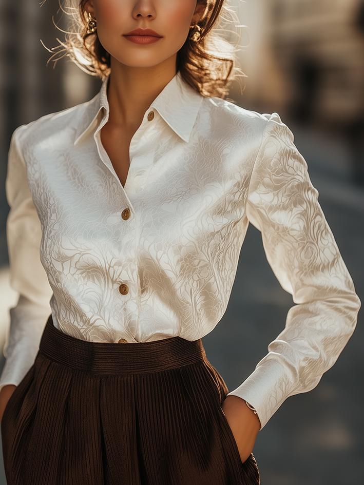 Beige Dark Floral-Print Satin Blouse