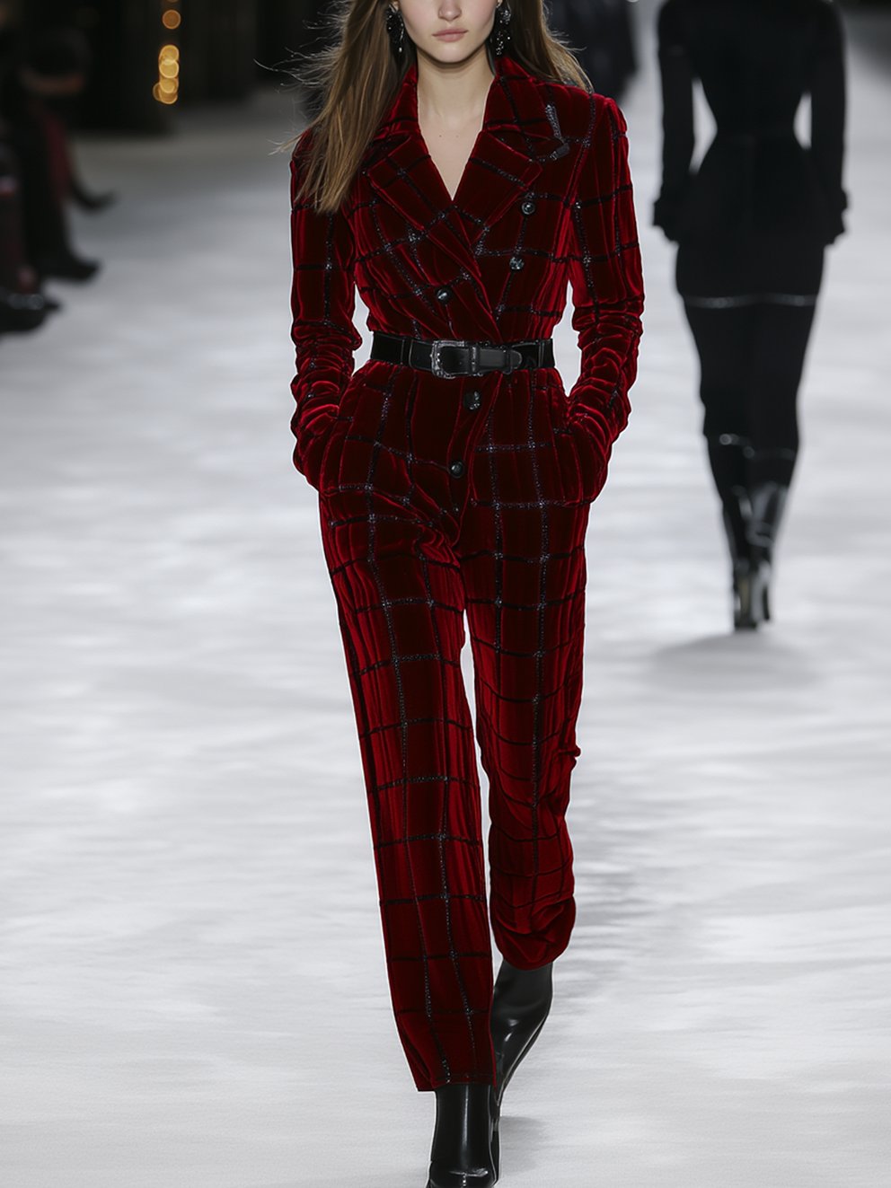 Red Velvet Jumpsuit With Black Check And Belt