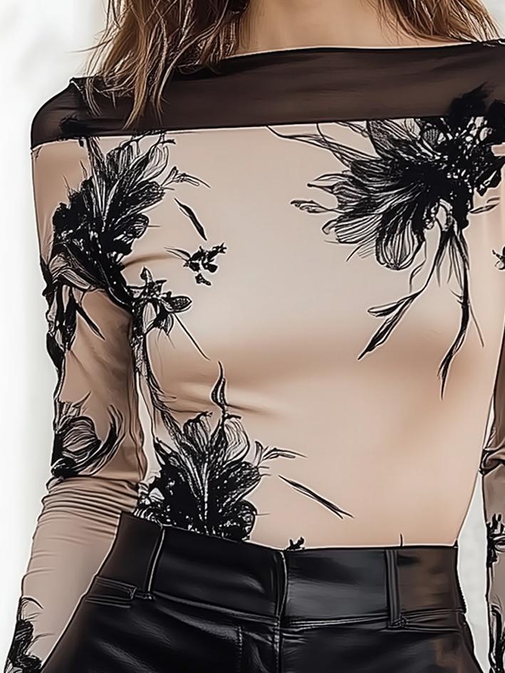 Beige Stretch T-shirt With Black Flowers And Neckline