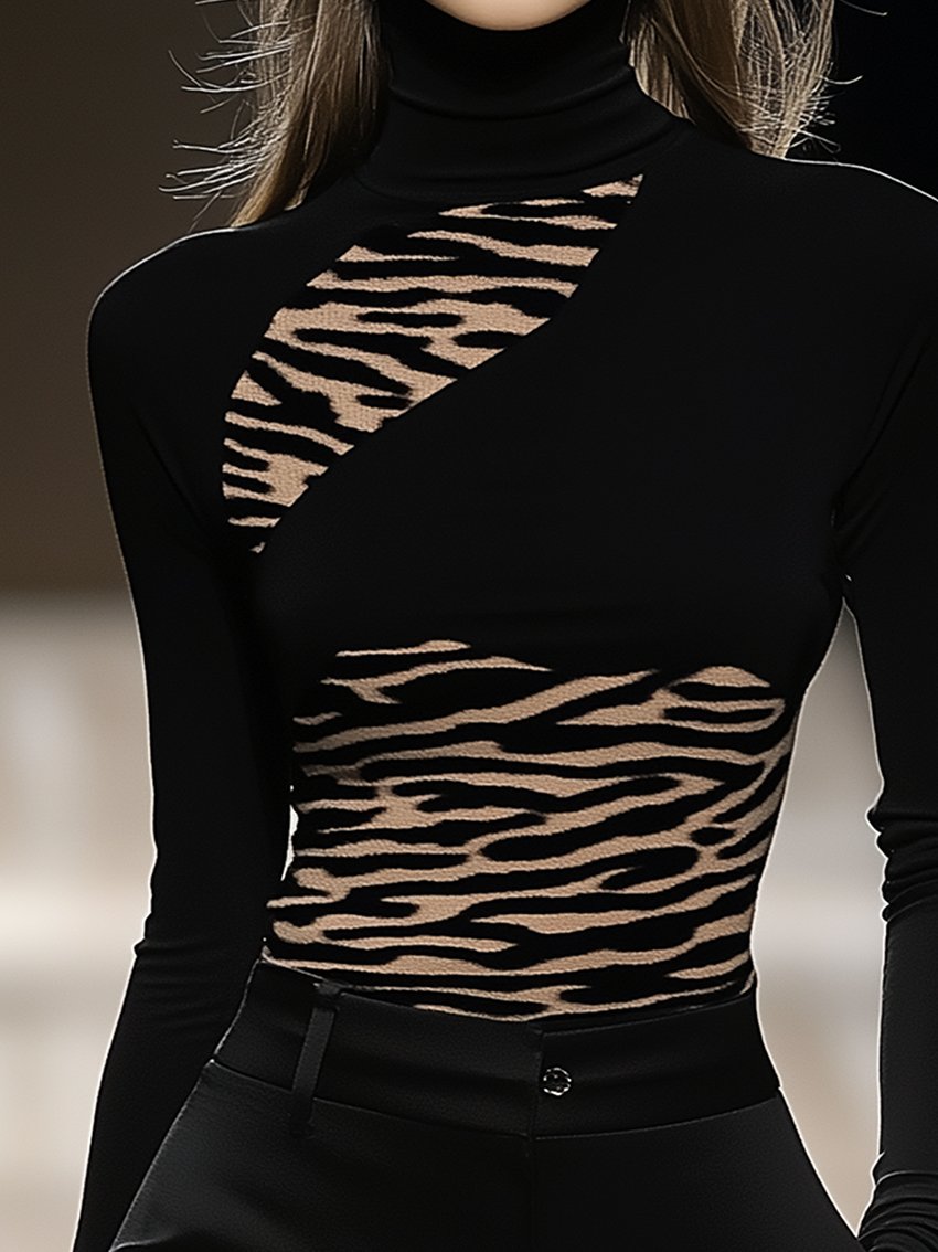 Black Stretch Leopard-Print Abstract T-shirt