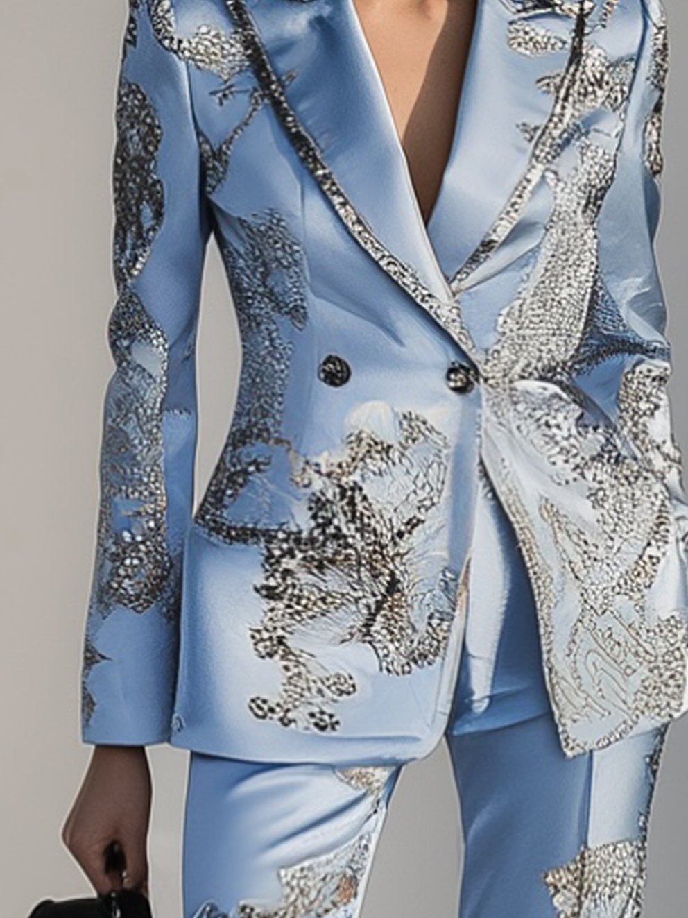 Sky Blue Blazer With Silver Flower Print And Silver Trim