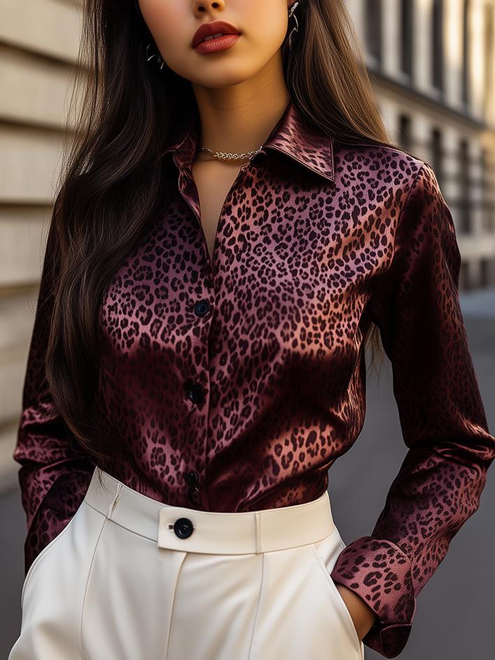 Dark Red Leopard Print Satin Blouse