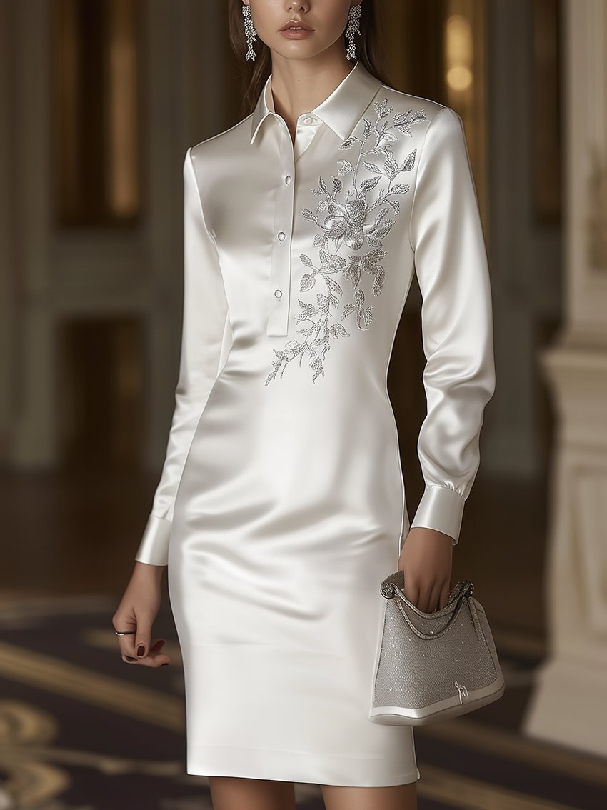 White Satin Midi Shirt Dress With Silver Leaf Embroidery