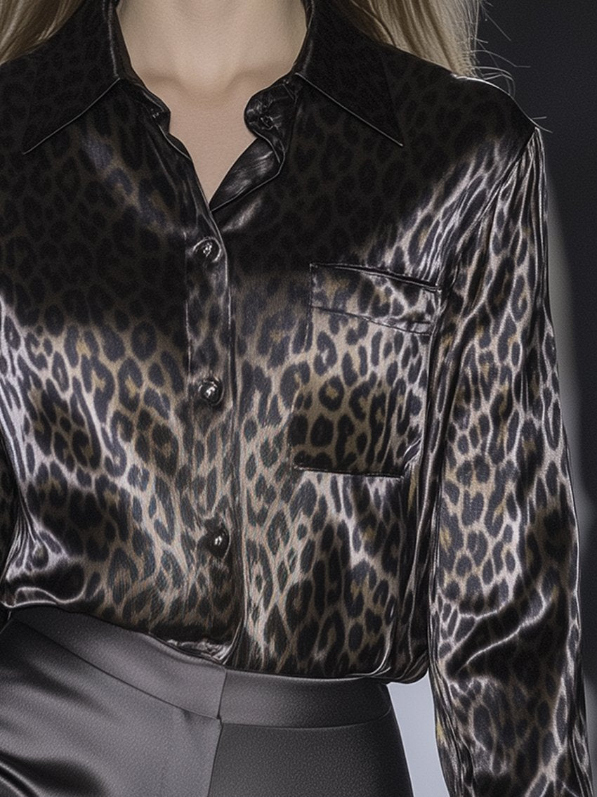 Charcoal Gray Leopard-Print Satin Blouse