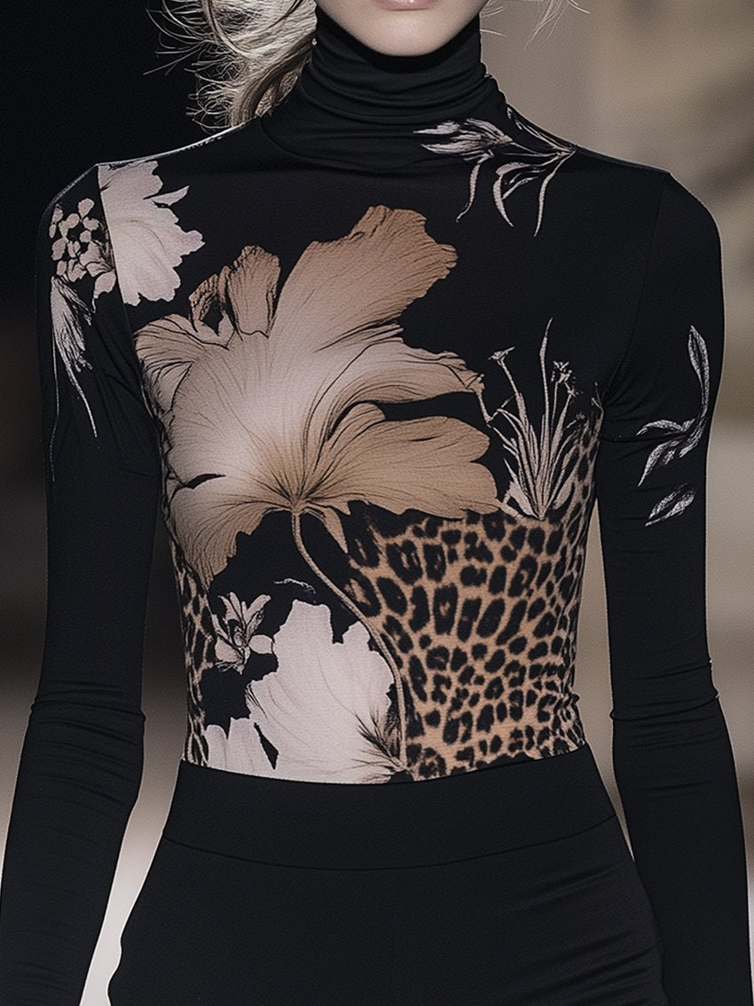 Black Stretch-tight T-shirt With Beige Leopard Print Flowers