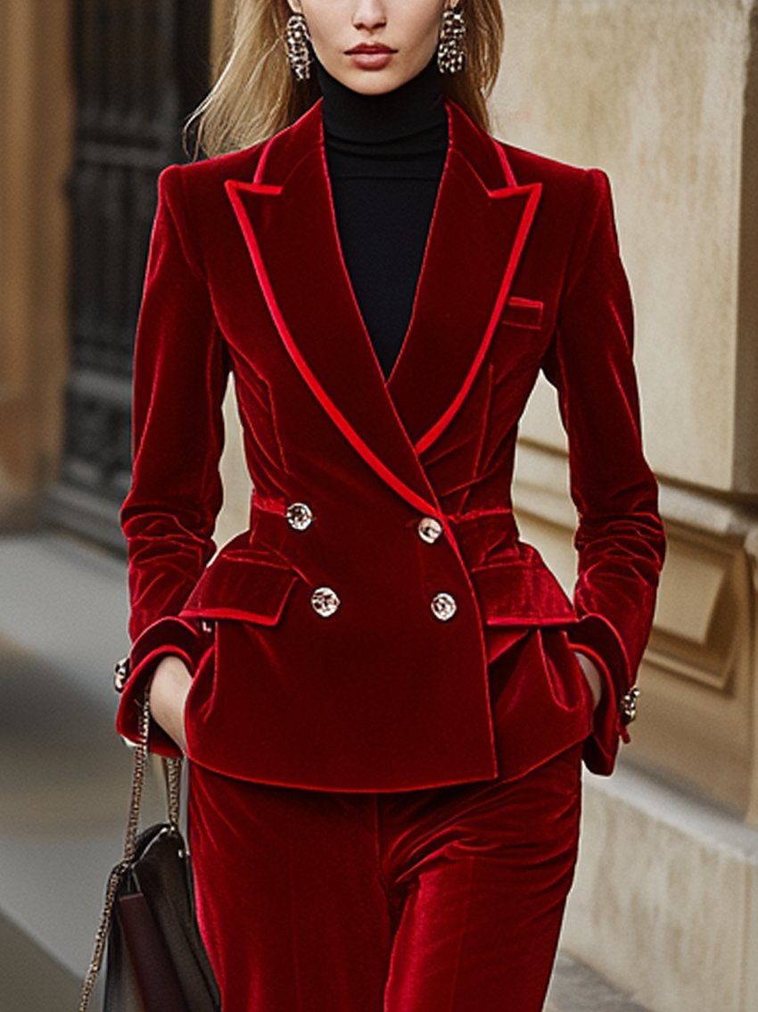 Double-breasted Red Velvet Blazer With Trim