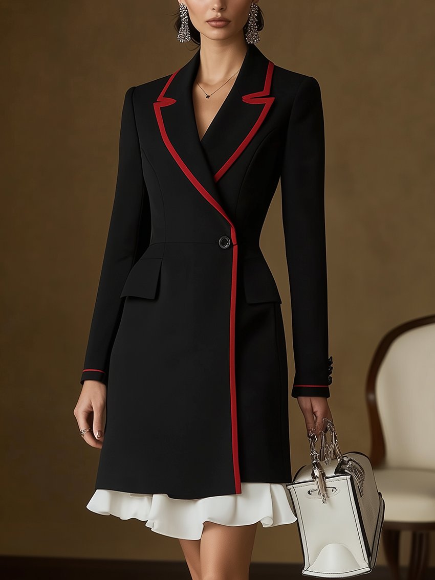 Black Midi Suit Dress With White Bottom And Red Trim