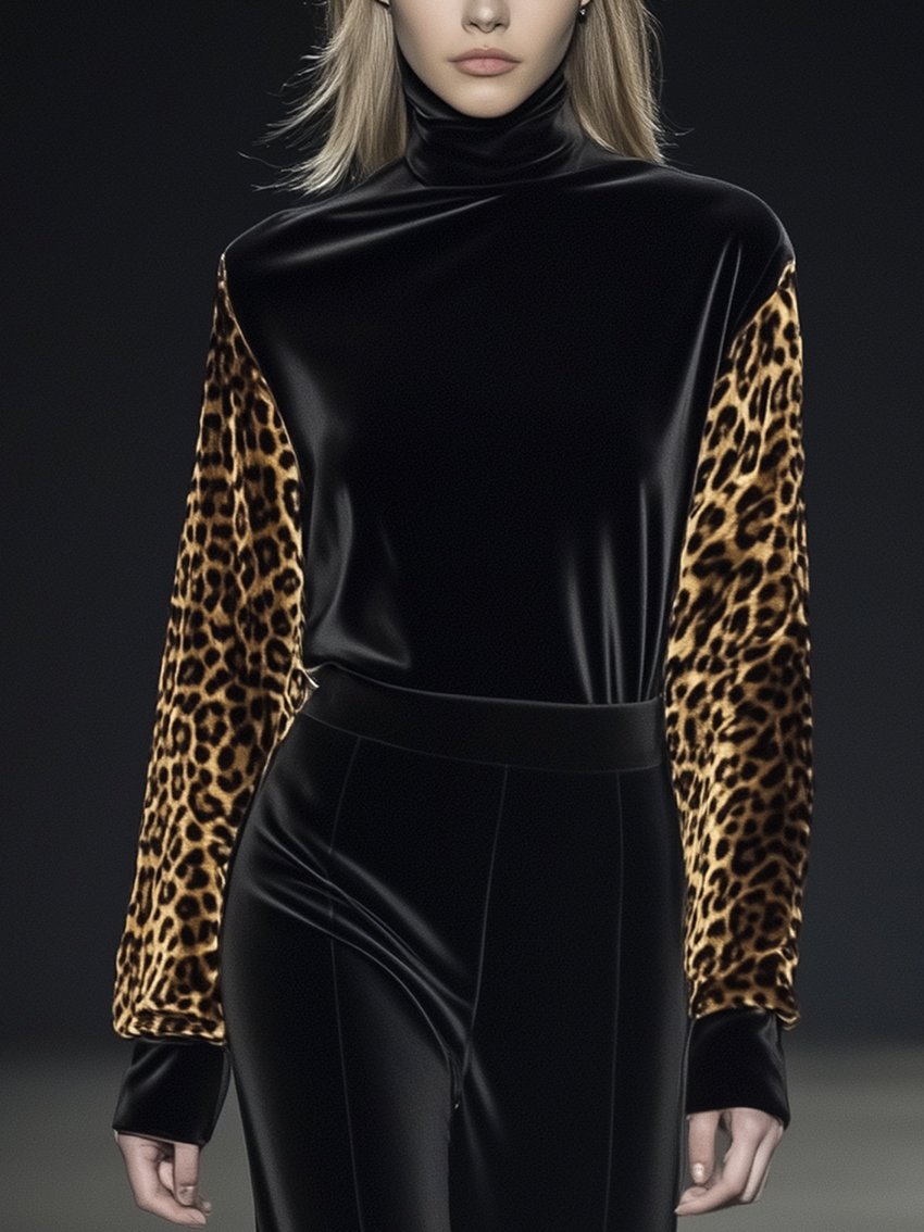 Black Velvet Shirt With Leopard Sleeves