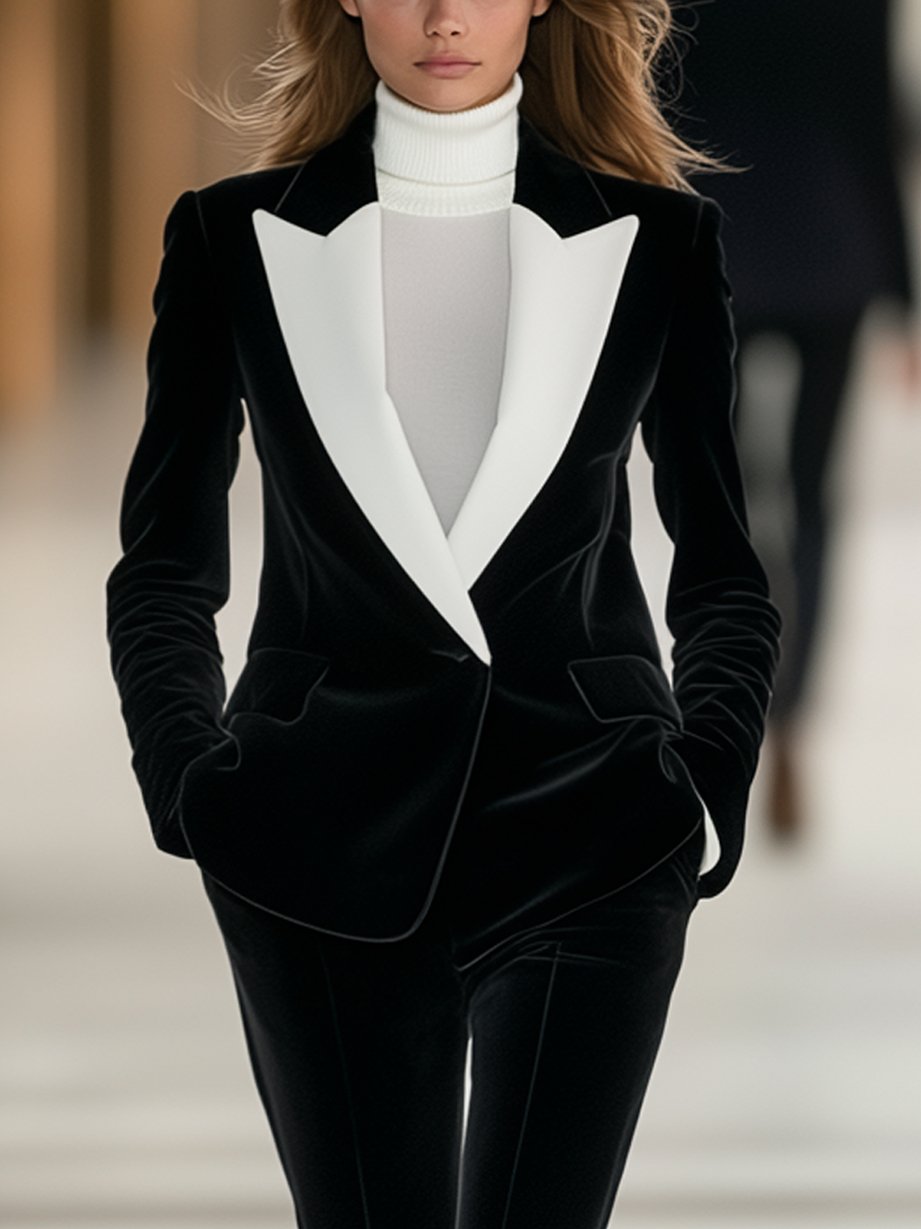 Black Velvet Blazer With White Lapel